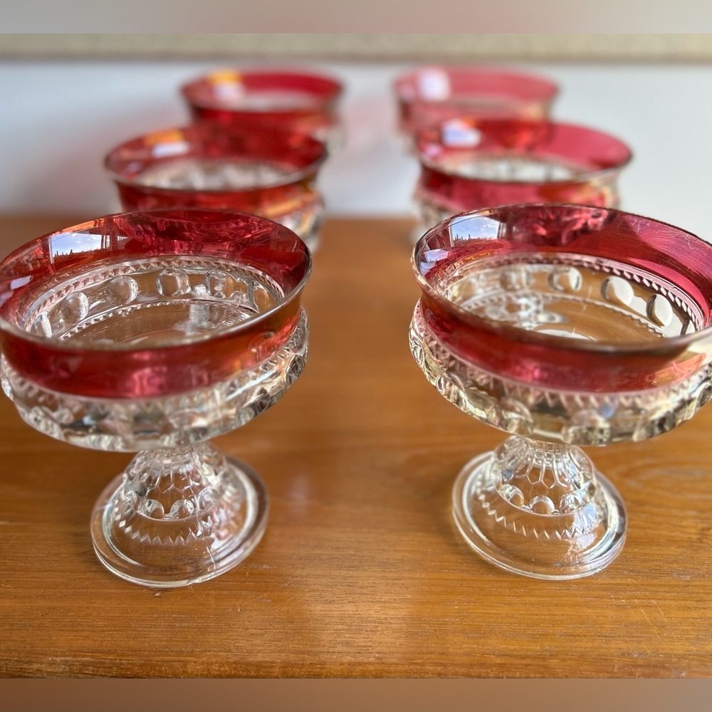 6 vintage TIFFIN-FRANCISCAN Kings Crown cranberry glass round compote